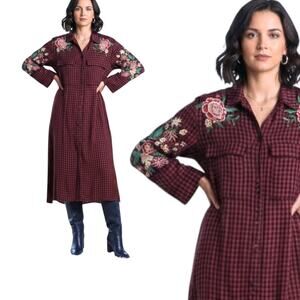 Zara Trf Outerwear Red Navy Blue Flannel Plaid Button Front Maxi Dress Duster‎